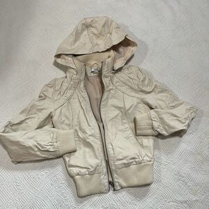 Faux leather moto jacket with removable hoodie